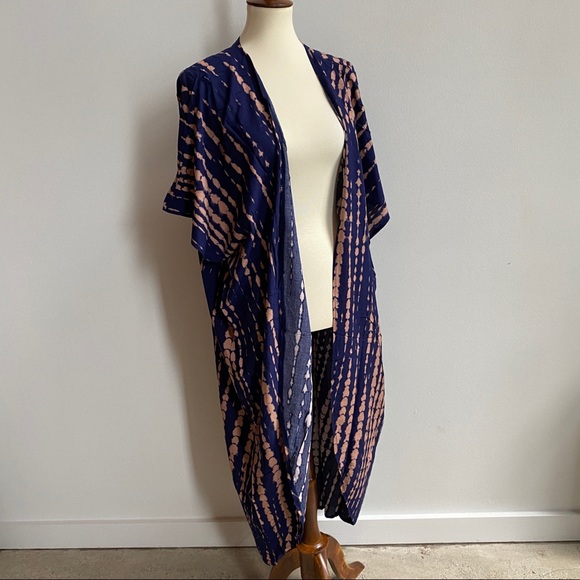 Blue & Peach Long Wrap Dress Kimono - Picture 5 of 11